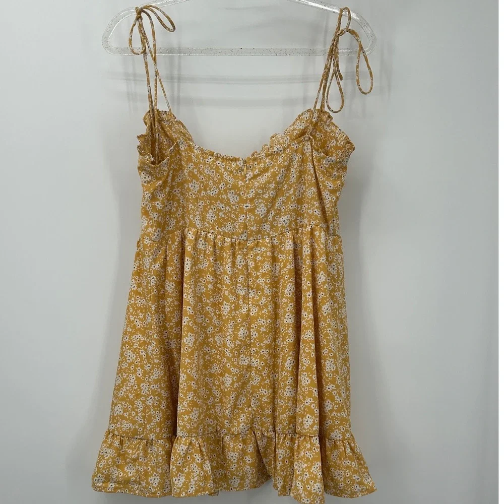 Cider Women Ginger Yellow Floral Mini Dress Tie Strap Ruffle Hem Size L